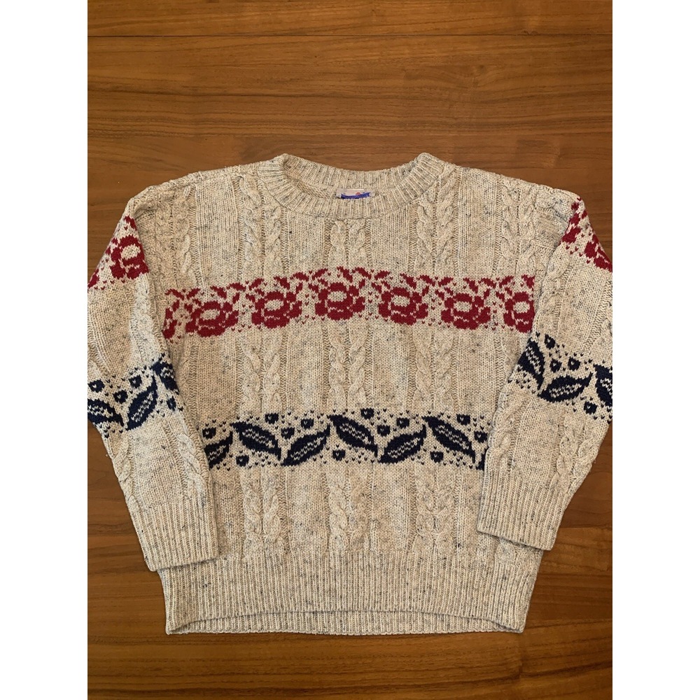 Vintage French Navy Women's Cable Knit Sweater Medium Made in USA Tan 80s 90s